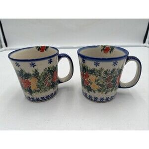 Set of 2 Polish Pottery Fruit Garland Mug Jan Winter Pinecones 14oz Sign Anna K